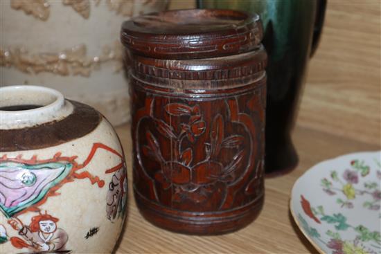 A group of Chinese porcelain, a bamboo brushpot etc